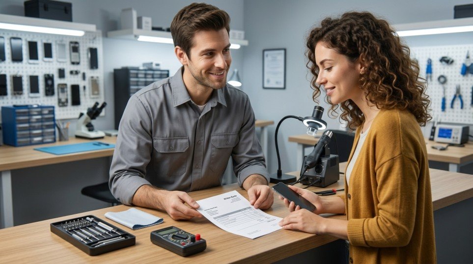 Customer reviewing a written phone repair quote at Precision Fix