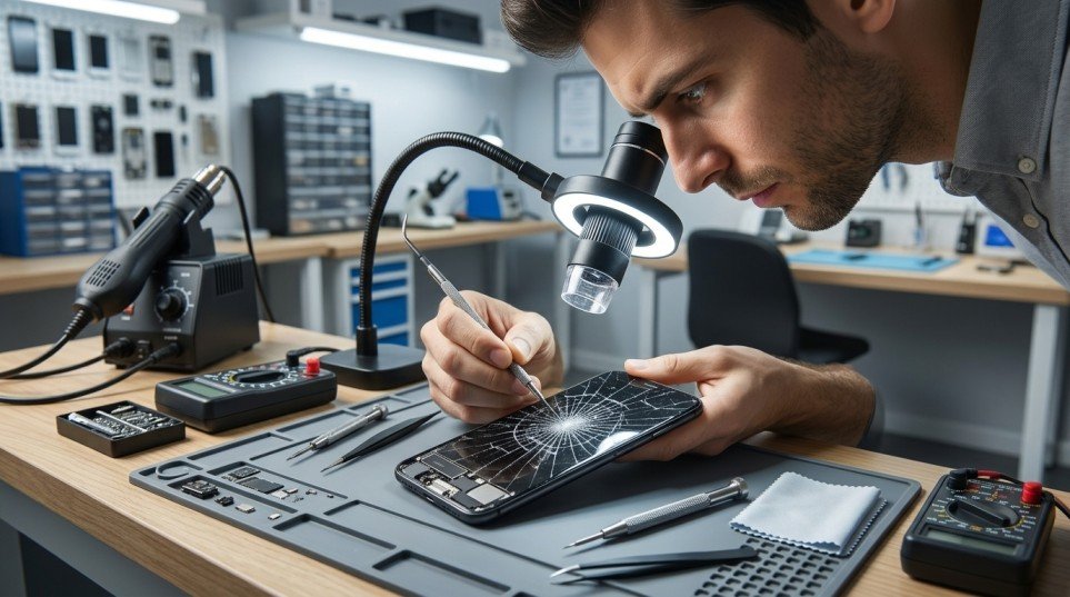 Technician diagnosing phone damage before quoting repair cost